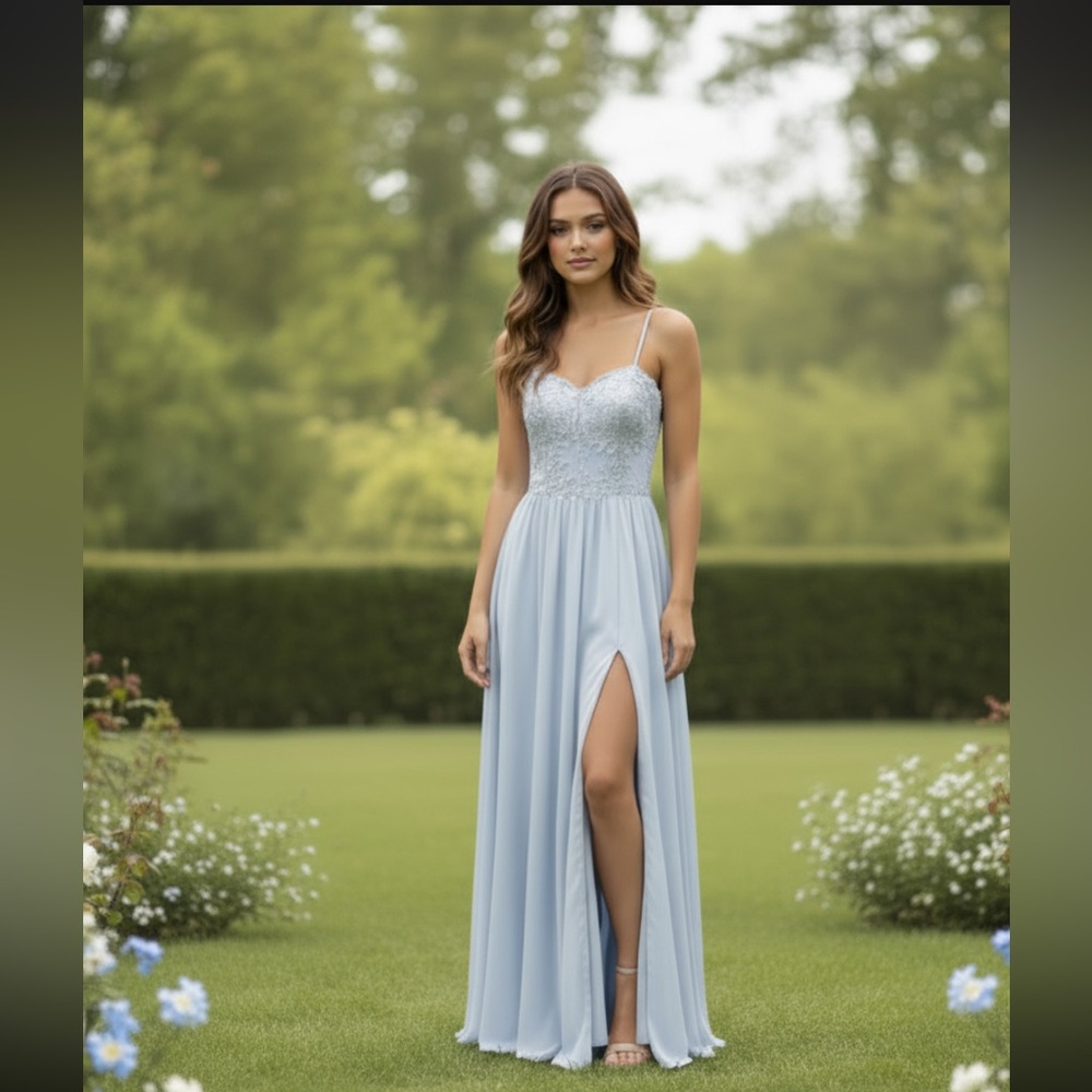 Elegant Light Blue Lace & Chiffon Gown- Size 4 NWOT